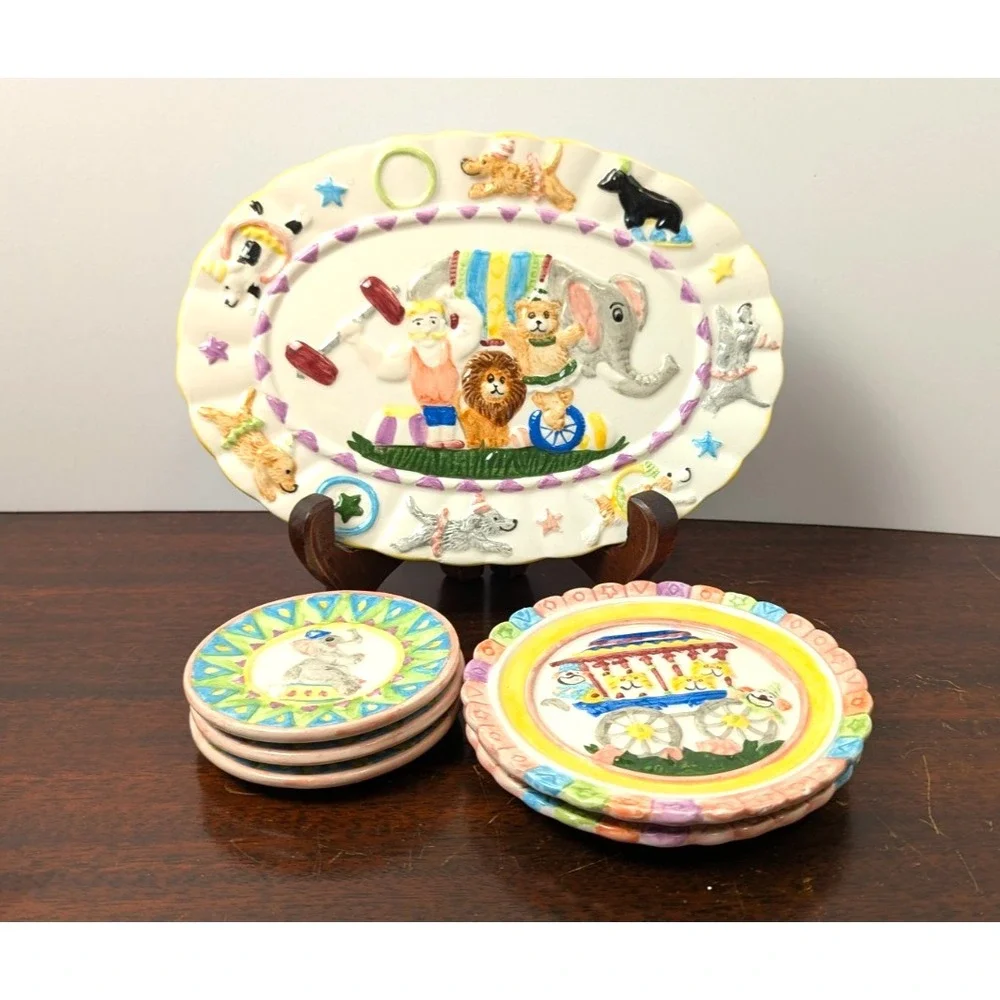 1995 Mercuries Childrens Circus Tea Set Plates Ceramic Animal Dish Lot 6pc